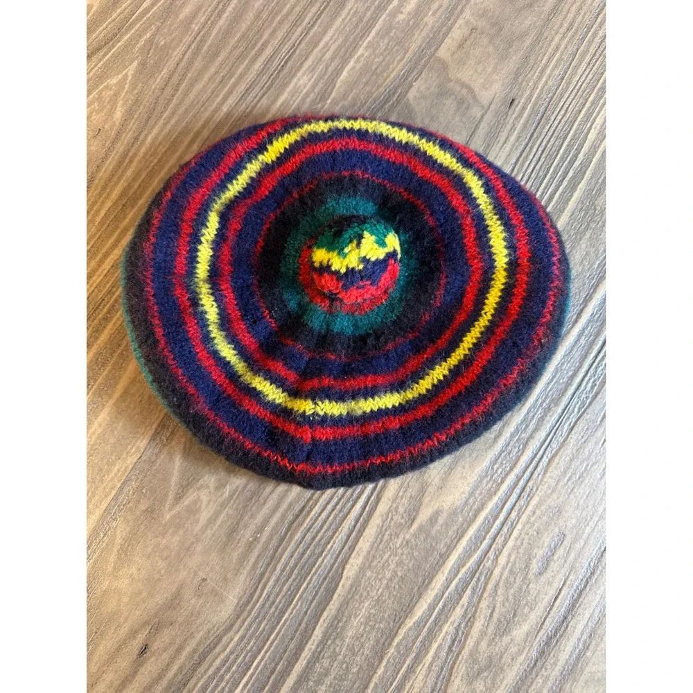 Vintage Striped Knit Beret Hat Unisex OS Multicolor Excellent Pom Pom Top